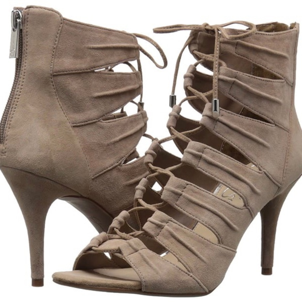 Jessica Simpson Suede JS Mahiri Women's Lace-Up Tan Heeled Sandals.New Peep Toe